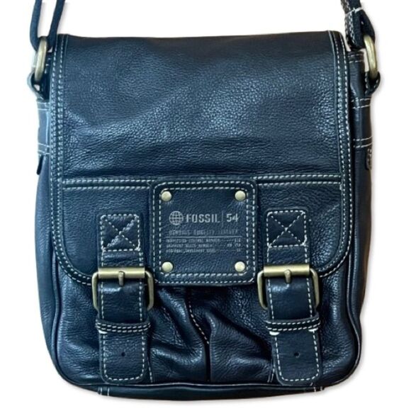 VTG Fossil Pebble Leather Black Messenger Crossbody Shoulder Purse Bag - Picture 2 of 16